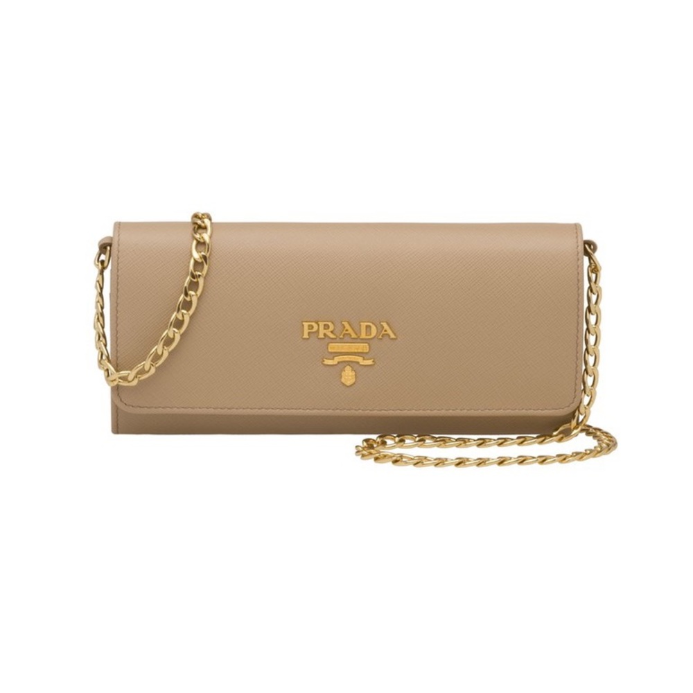Prada Saffiano Wallet on a Chain in Taupe